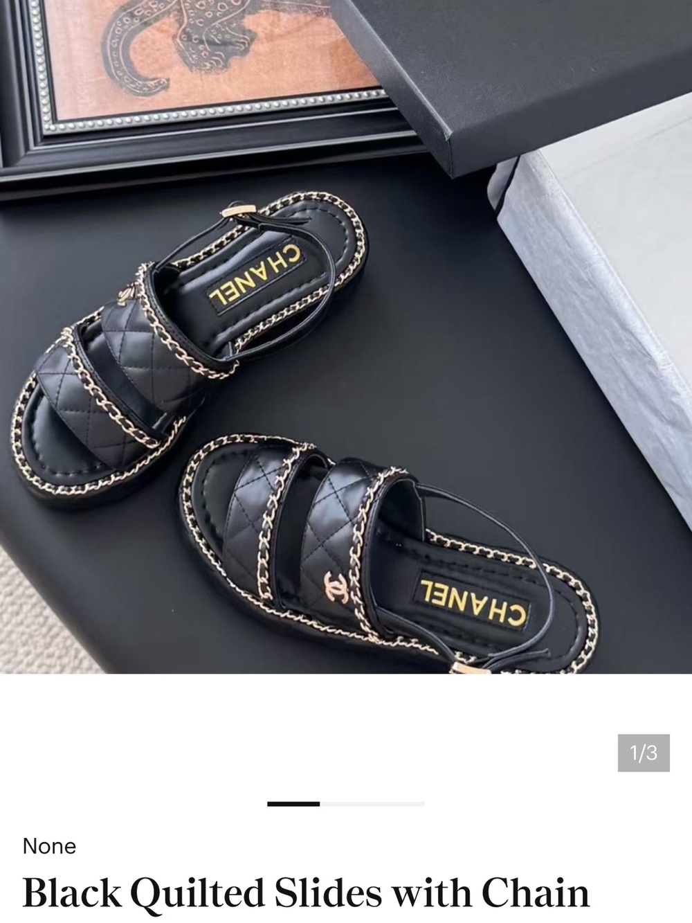 Black Quilted Leather Slide Sandals with Chain Trim